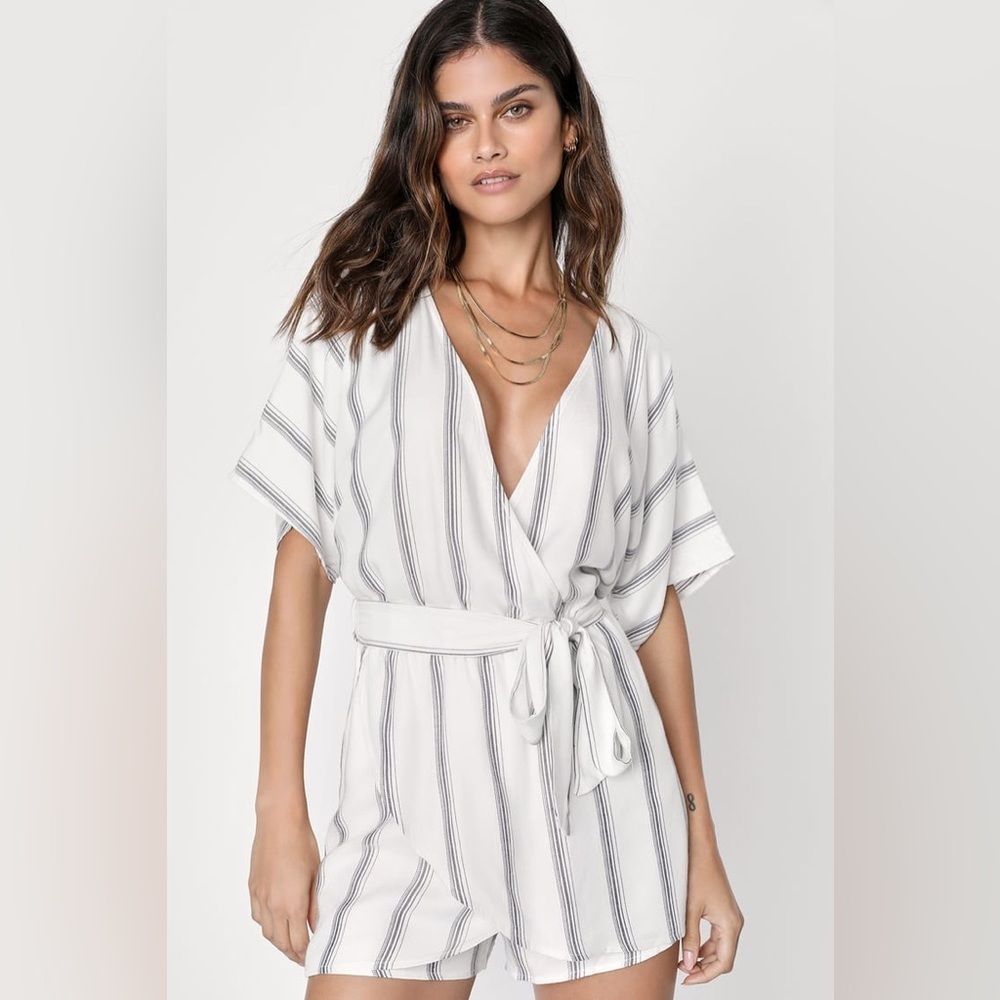 Lulu's Gray and White Striped Wrap Jumpsuit